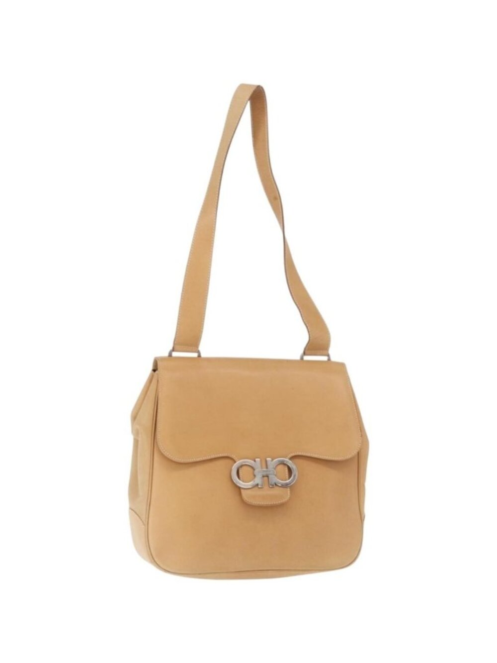 Salvatore Ferragamo Gancini Shoulder Bag Leather Beige Silver